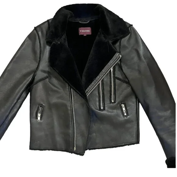 Black Faux Fur Leather Jacket - Picture 2 of 6